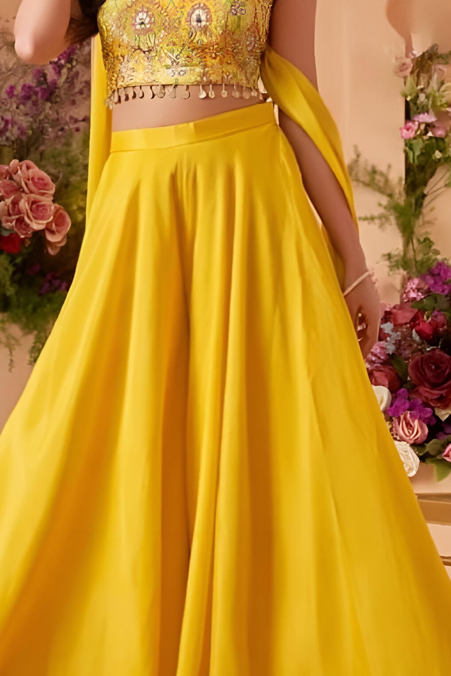 Bright Yellow Mirror Embroidered Crop Top with Russian Palazzo Set