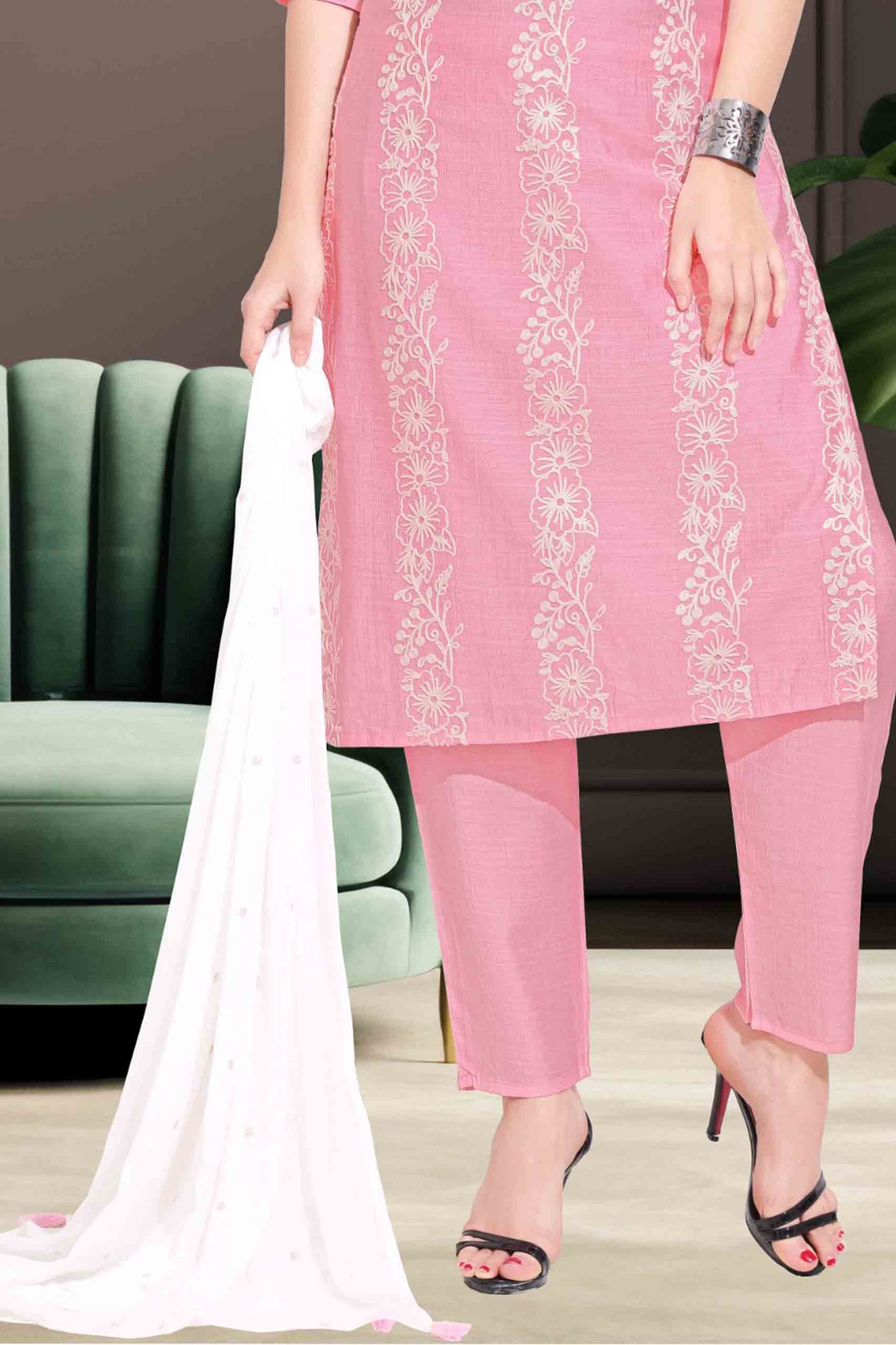 Pink Kurti Set with White Embroidery & Contrast Dupatta