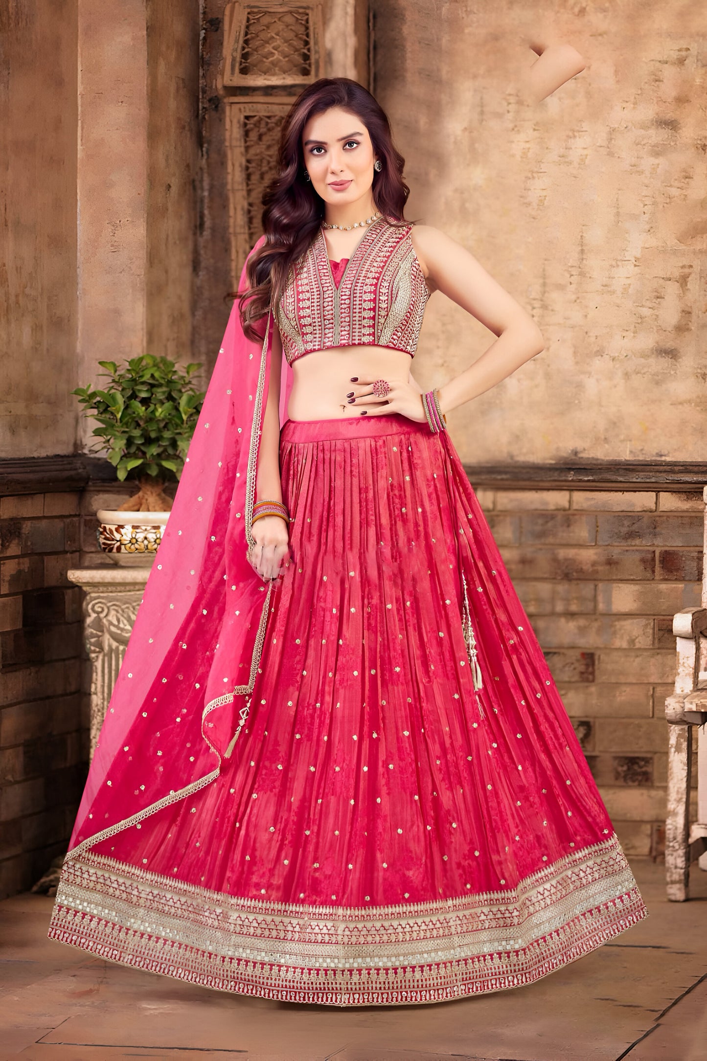 Rani Pink Embroidered Georgette Lehenga Choli