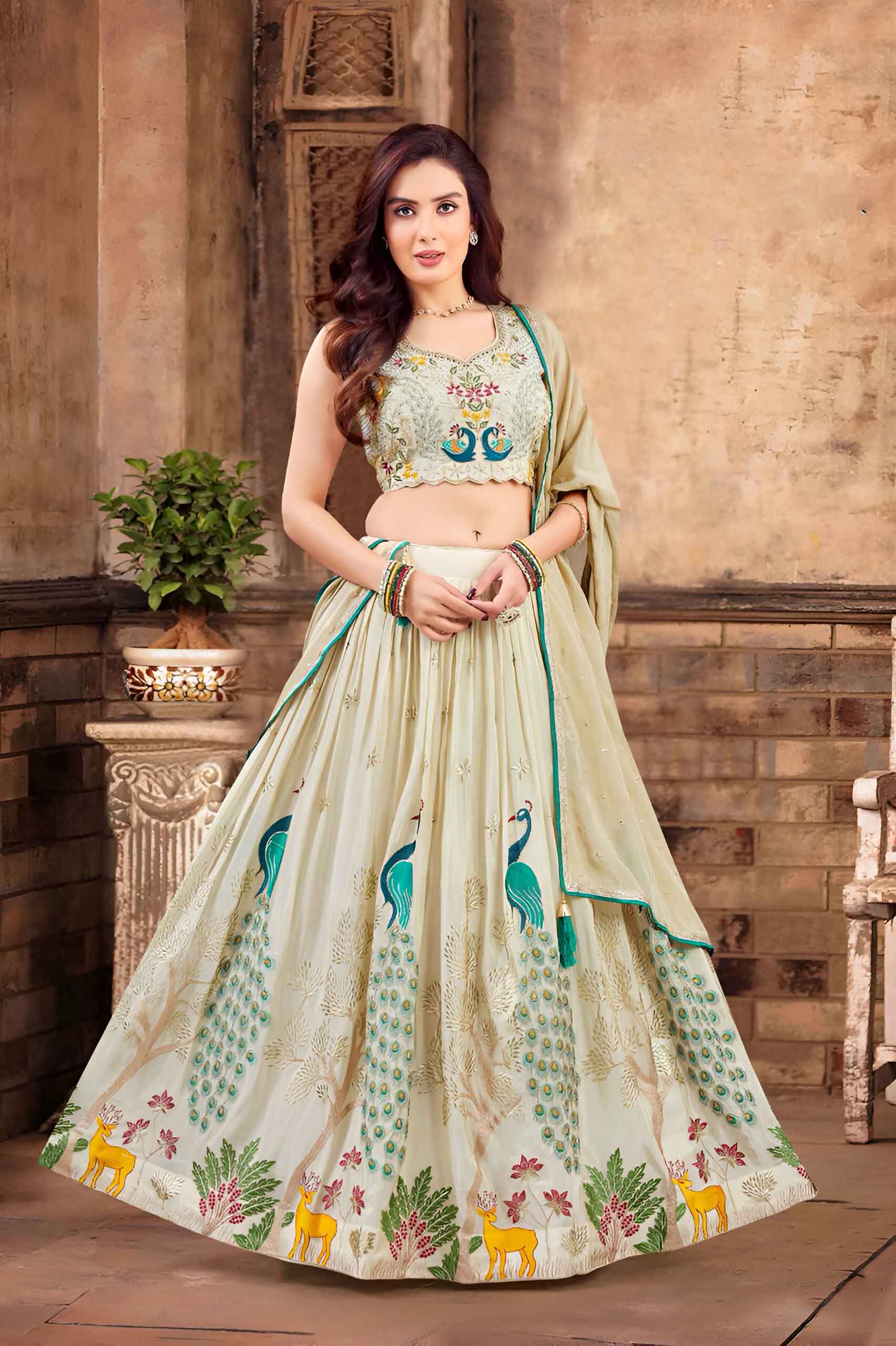 Pastel Beige Printed Lehenga Choli with Peacock Deer Motif Embroider