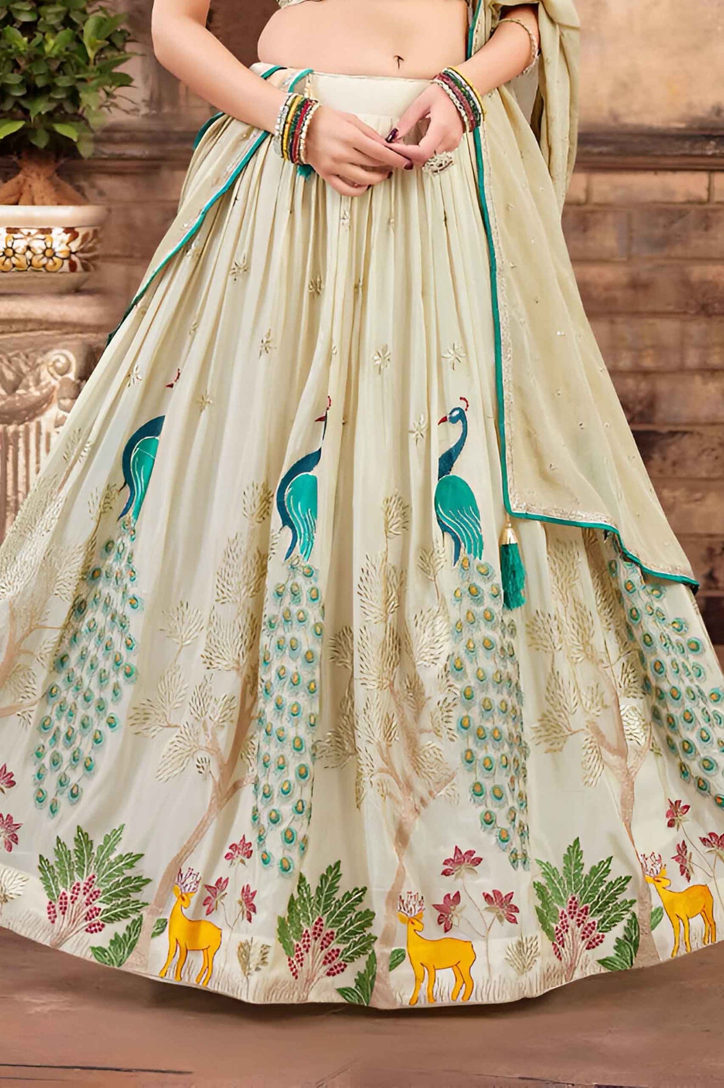 Pastel Beige Printed Lehenga Choli with Peacock & Deer Motif Embroidery