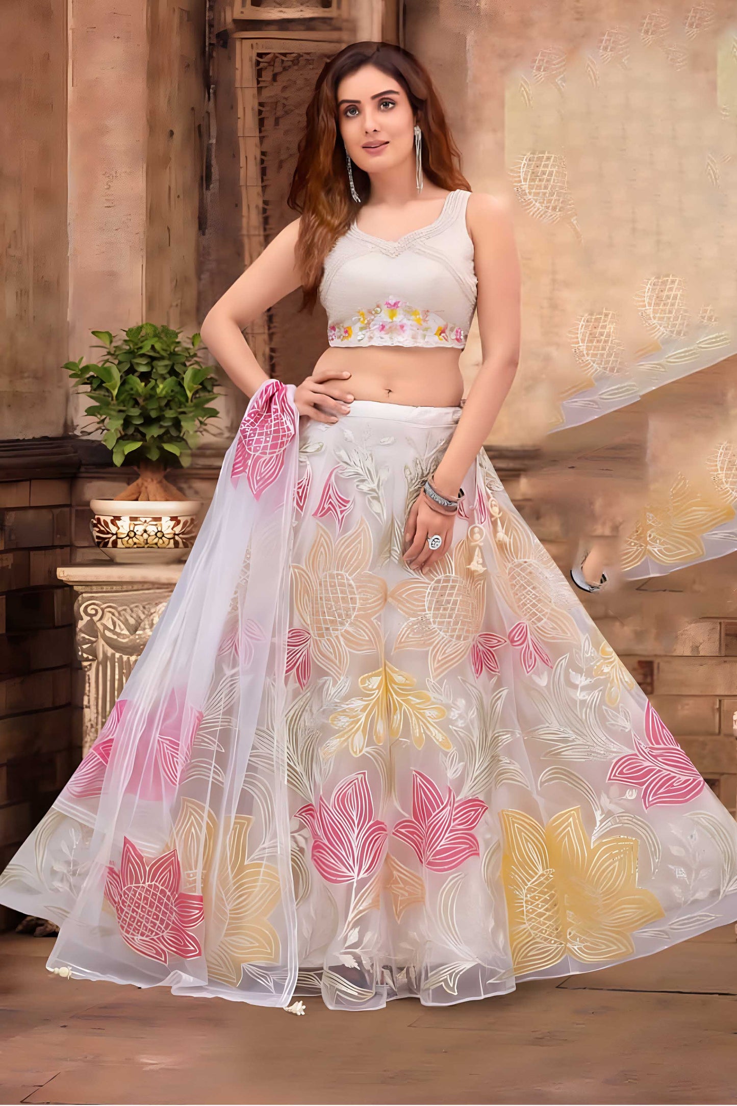 Off-White Floral Print Lehenga Choli with Dupatta