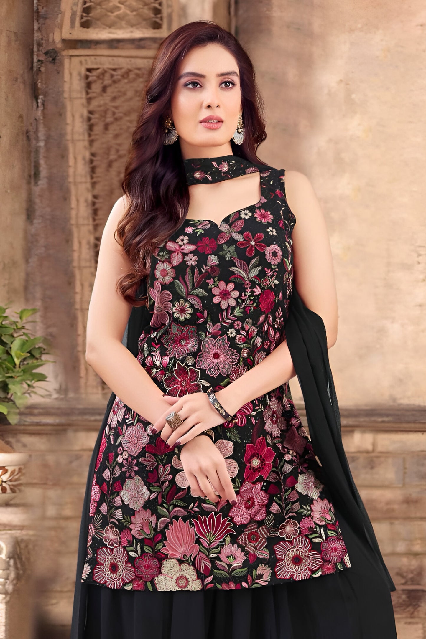 Black Embroidered Palazzo Suit with Attached Dupatta