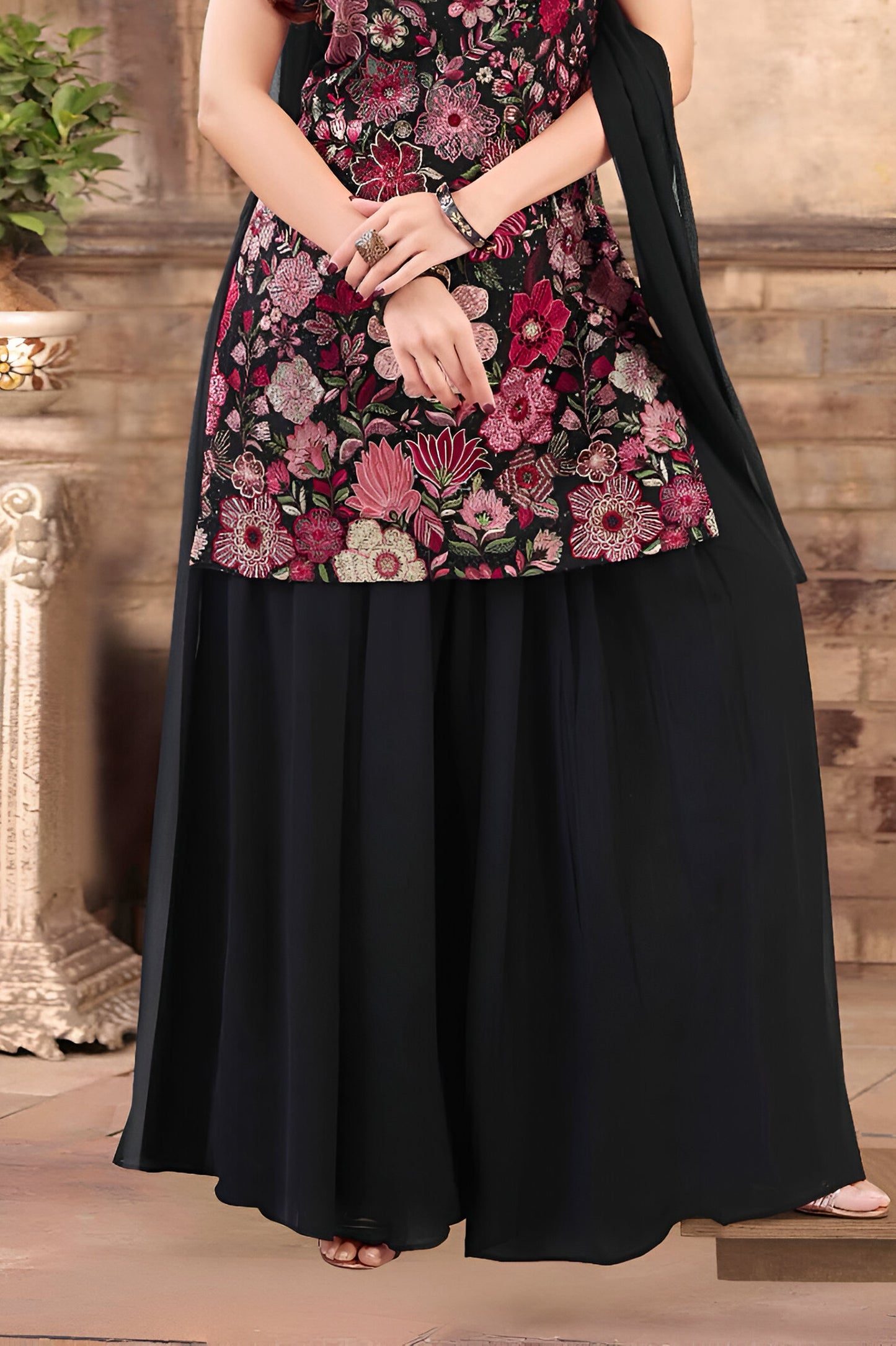 Black Embroidered Palazzo Suit with Attached Dupatta