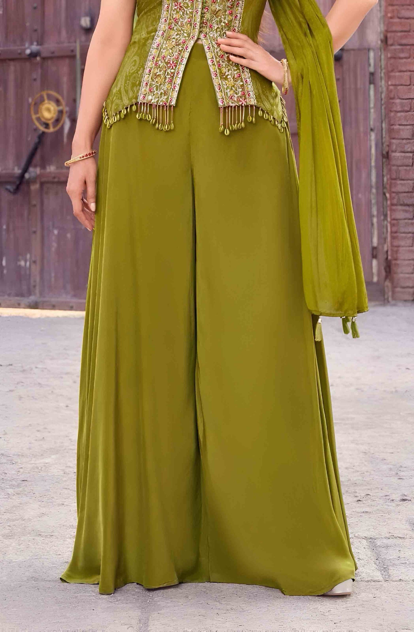 Olive Green Indo-Western Peplum Suit with Embroidered Kurti & Palazzo