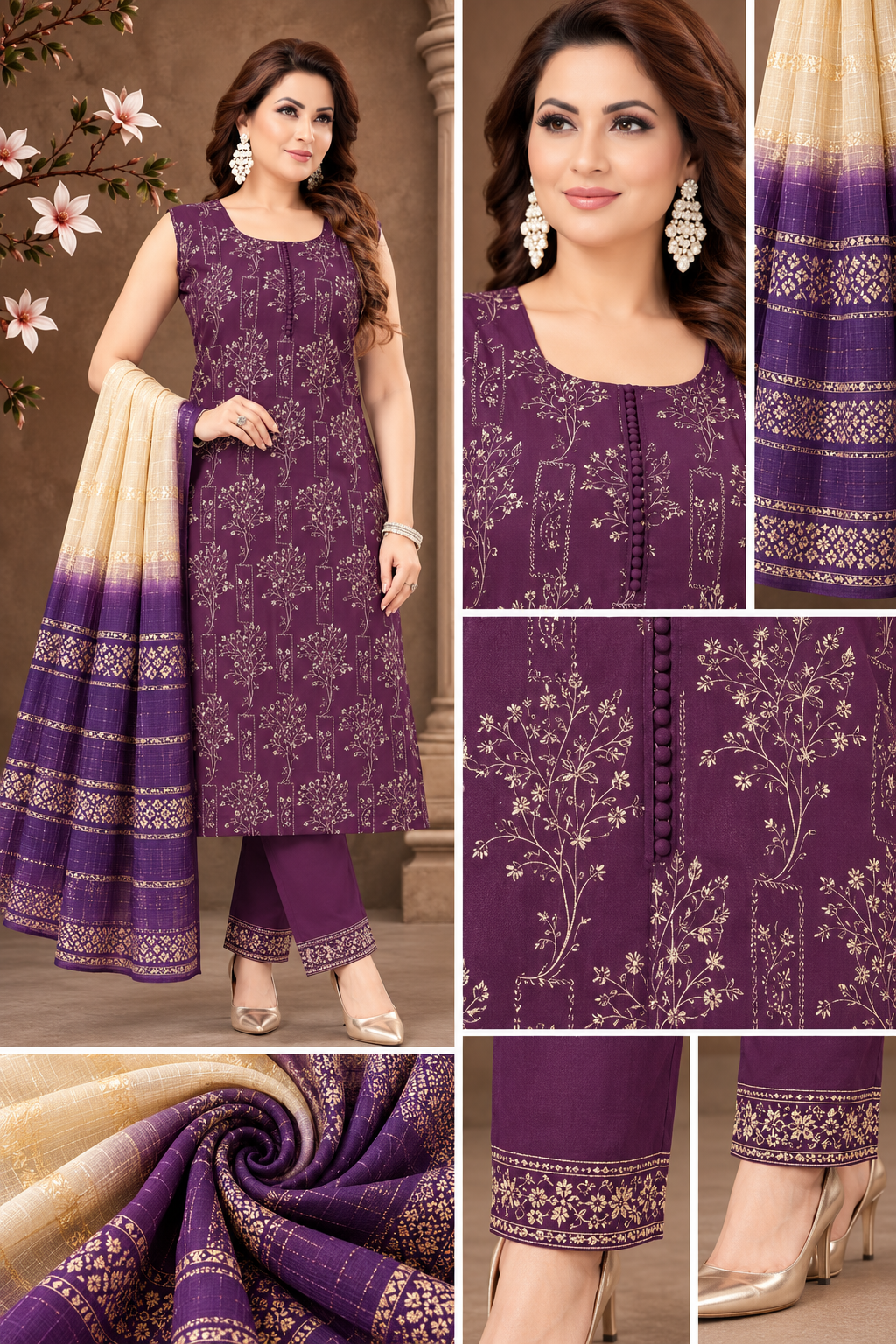 Elegant Plum Floral Printed Suit Set
