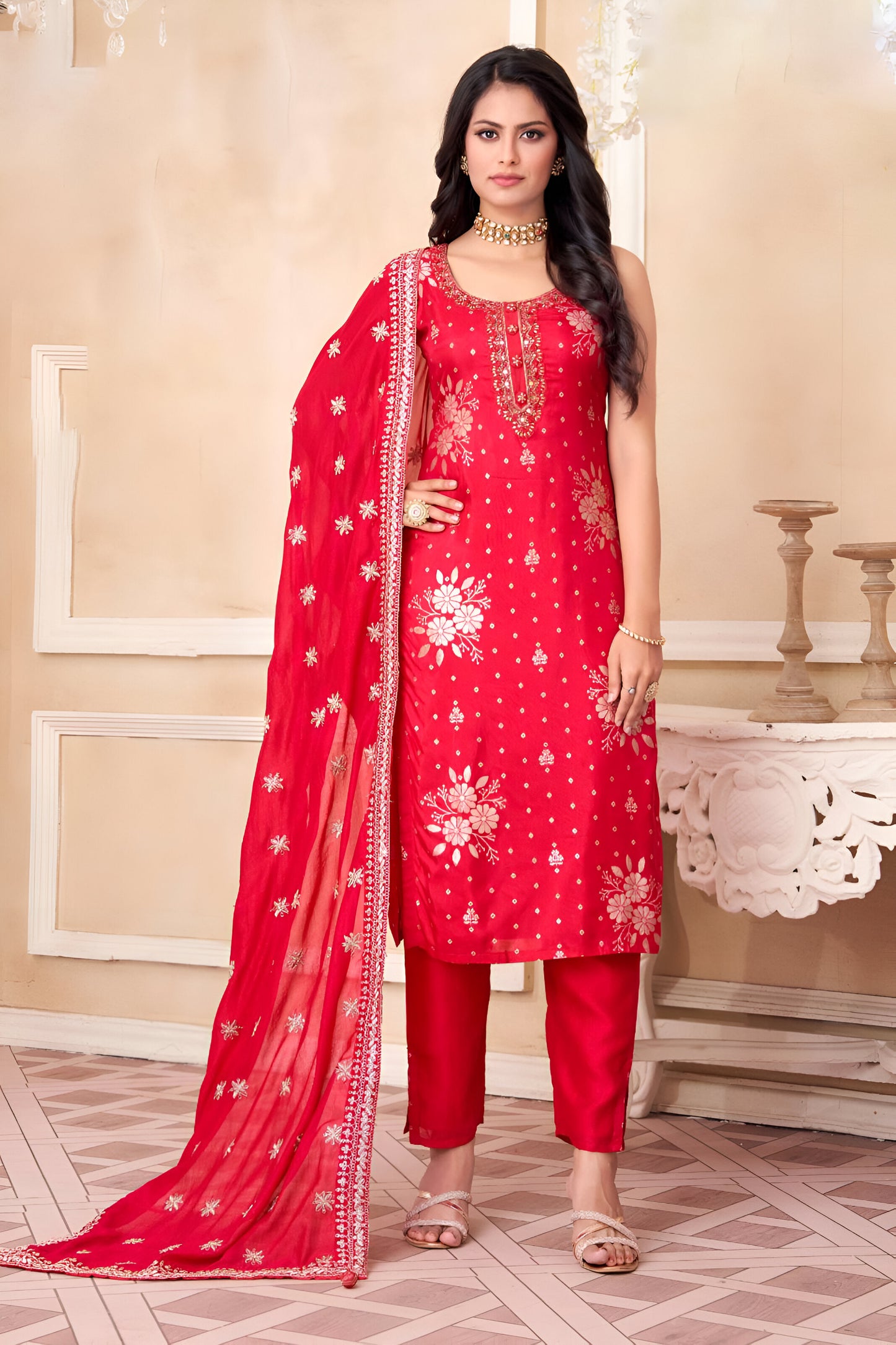 Red Embroidered Suit with Dupatta.