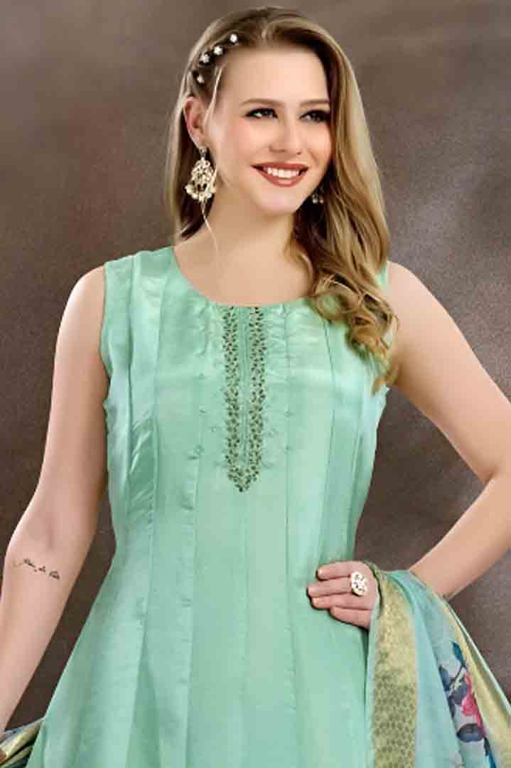 Mint Green Flared Anarkali Suit with Floral Dupatta & Straight Pant