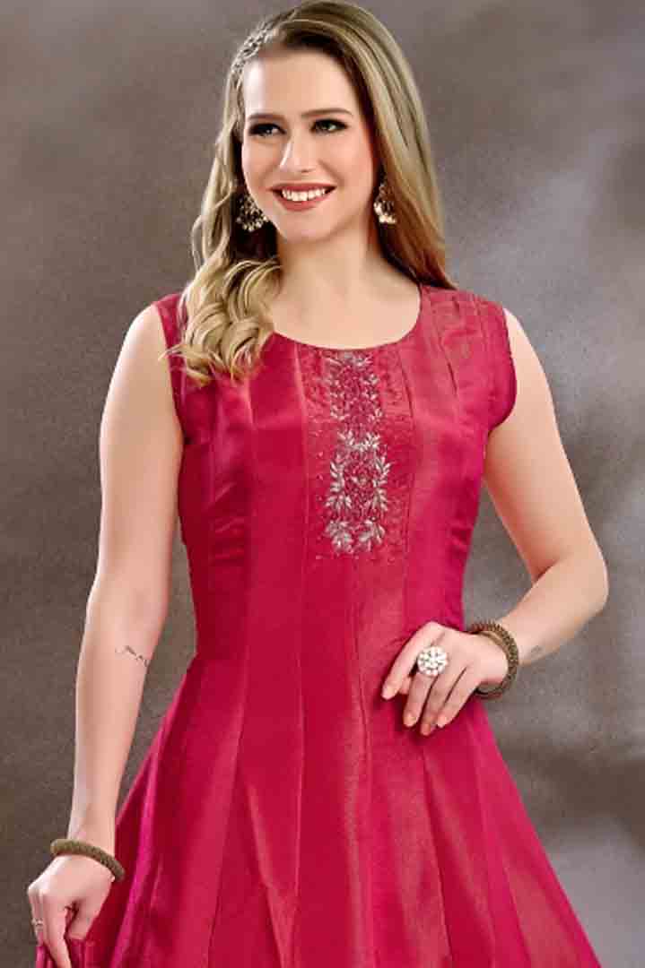 Maroon Flared Anarkali Suit with Embroidered Neck & Printed Dupatta
