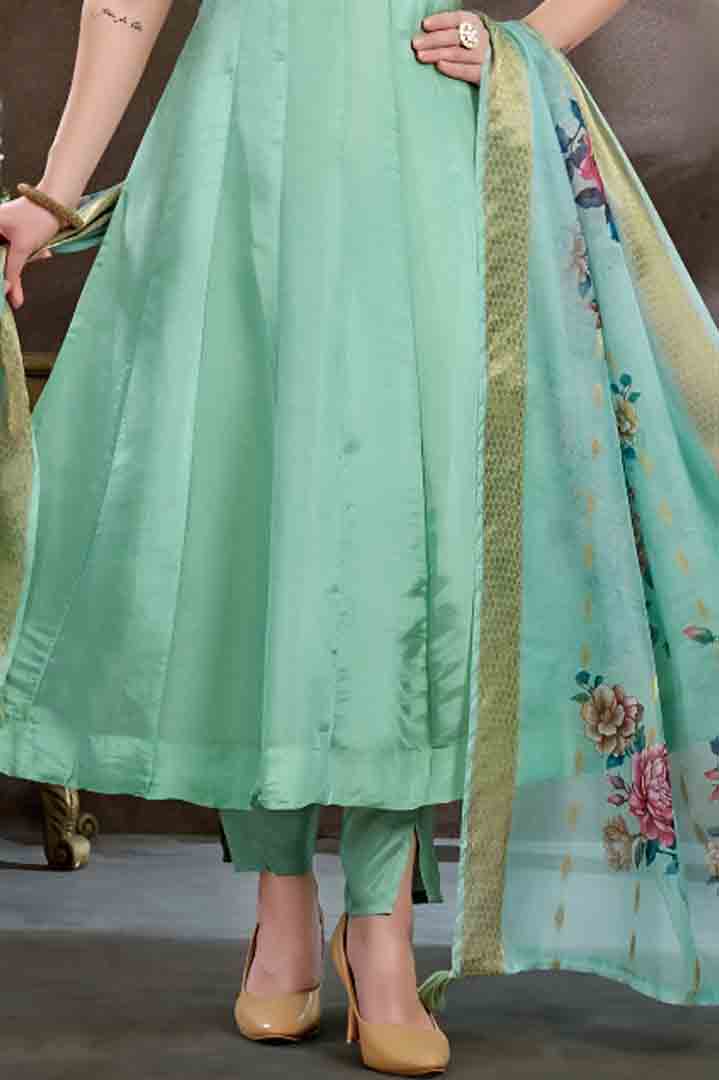 Mint Green Flared Anarkali Suit with Floral Dupatta & Straight Pant