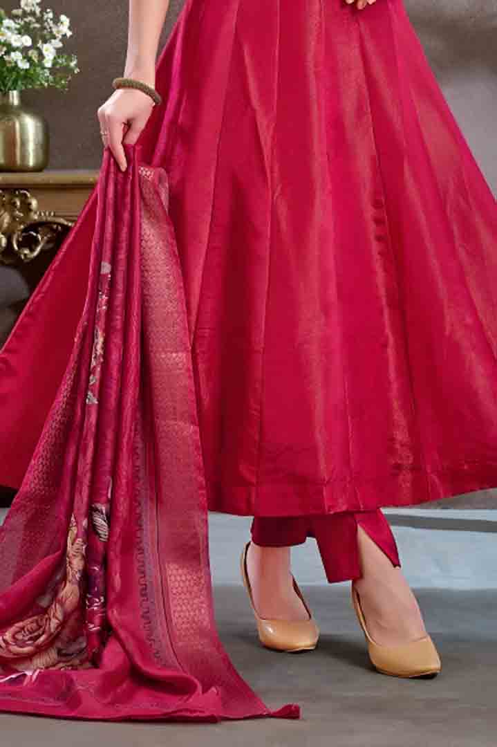 Maroon Flared Anarkali Suit with Embroidered Neck & Printed Dupatta