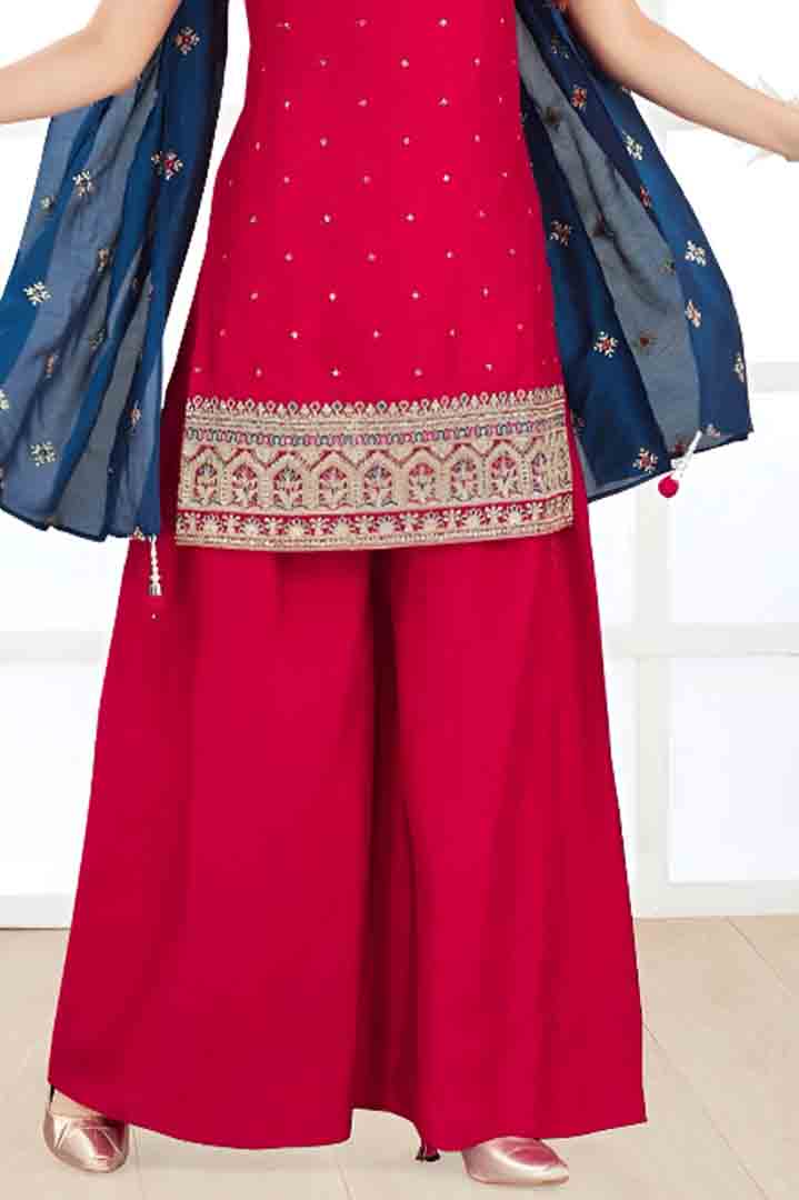 Red Embroidered Palazzo Suit with Navy Blue Dupatta