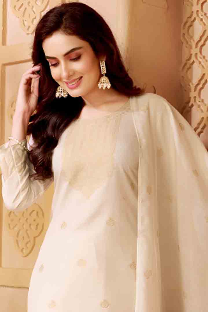Elegant Ivory White Embroidered Straight Suit Set with Dupatta