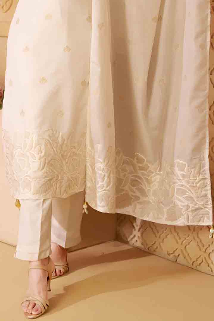 Elegant Ivory White Embroidered Straight Suit Set with Dupatta