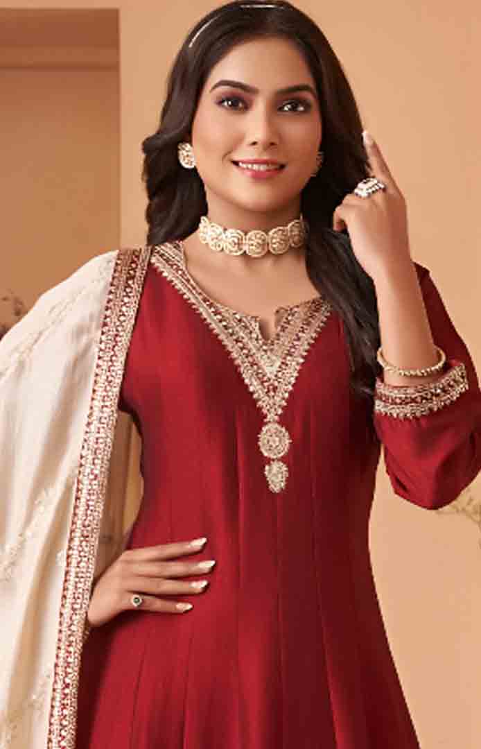 Maroon Embroidered Anarkali Suit with Ivory Dupatta