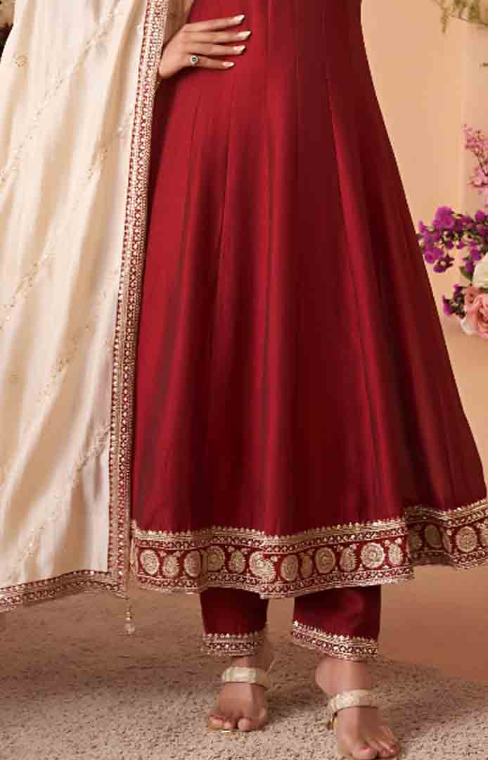 Maroon Embroidered Anarkali Suit with Ivory Dupatta