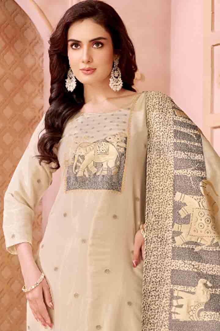 Beige Printed Straight Suit Set with Traditional Elephant Motif Dupatta