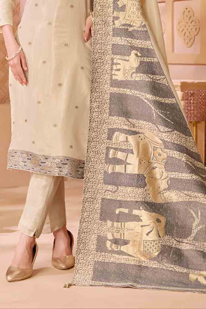 Beige Printed Straight Suit Set with Traditional Elephant Motif Dupatta