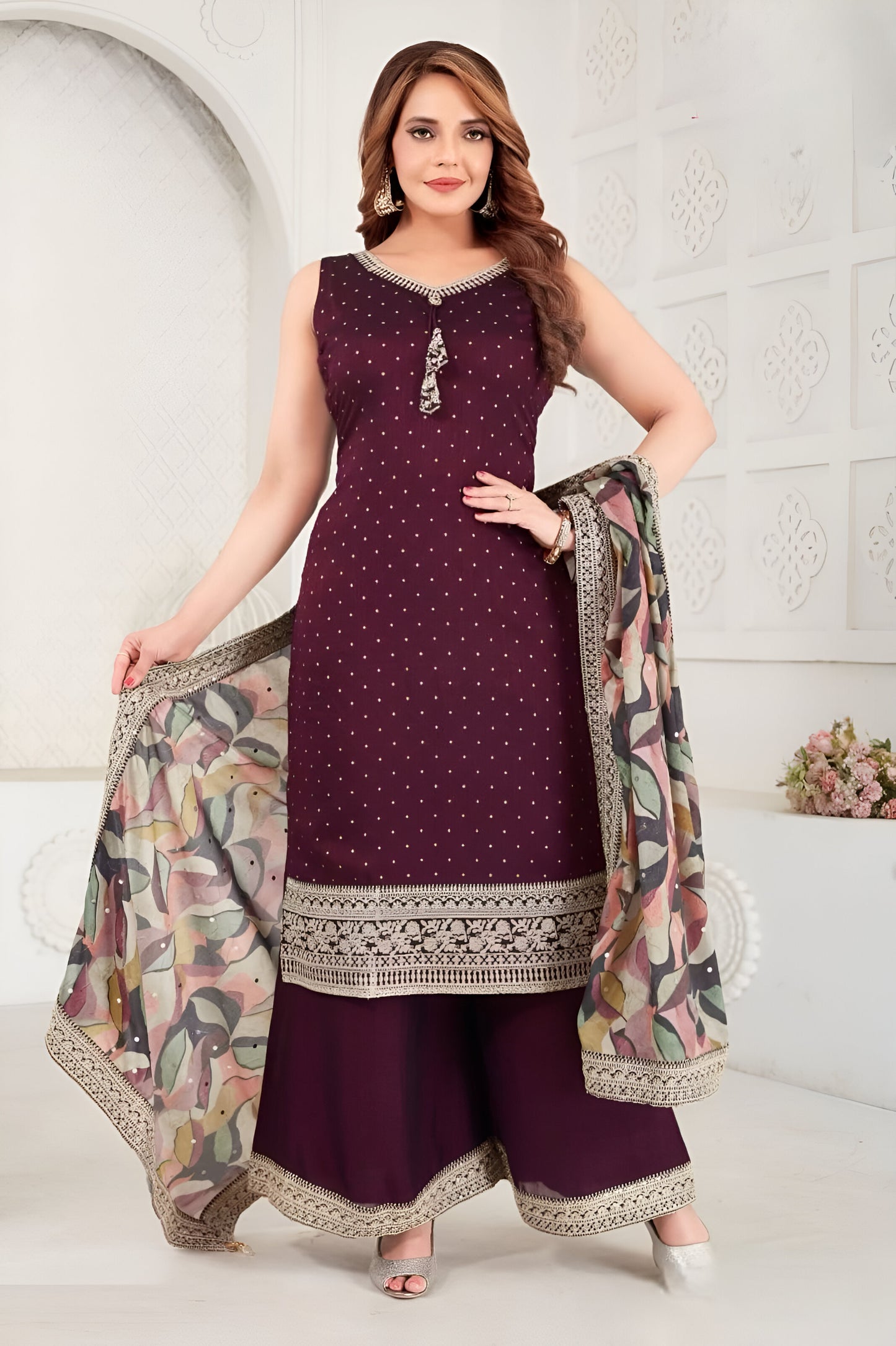 Maroon Top with Palazzo Pants and Printed Dupatta