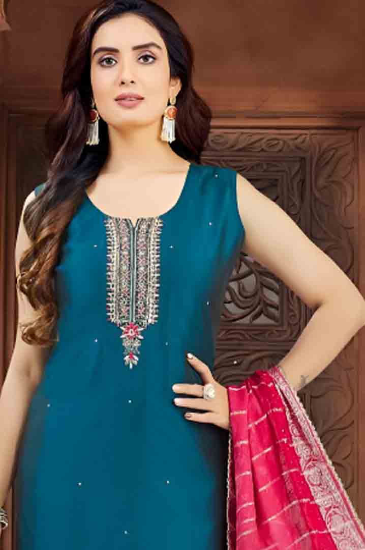 Teal Embroidered Straight Kurta Set with Rani Pink Banarasi Dupatta