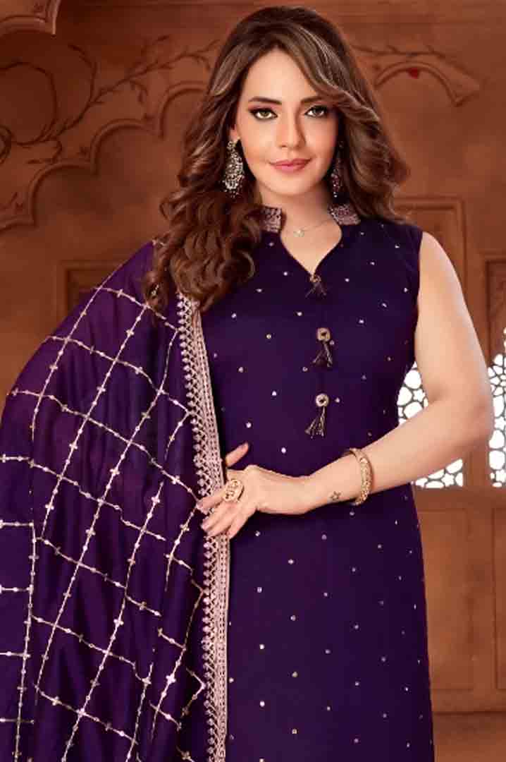 Purple Embroidered Suit Set with Net Dupatta