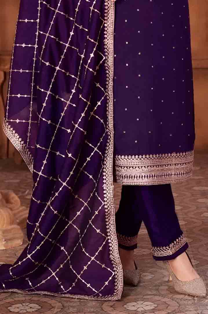 Purple Embroidered Suit Set with Net Dupatta