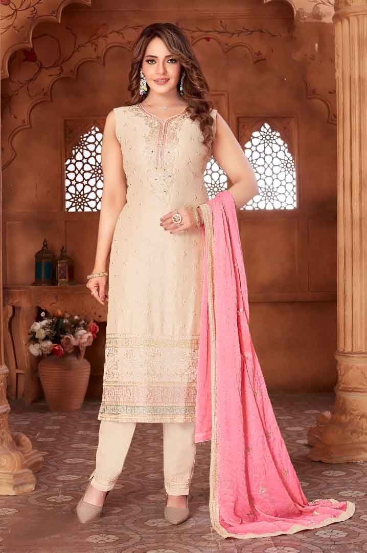 Beige Embroidered Sleeveless Suit Set with Pink Dupatta