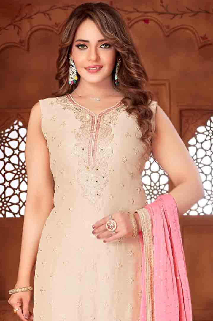 Beige Embroidered Sleeveless Suit Set with Pink Dupatta
