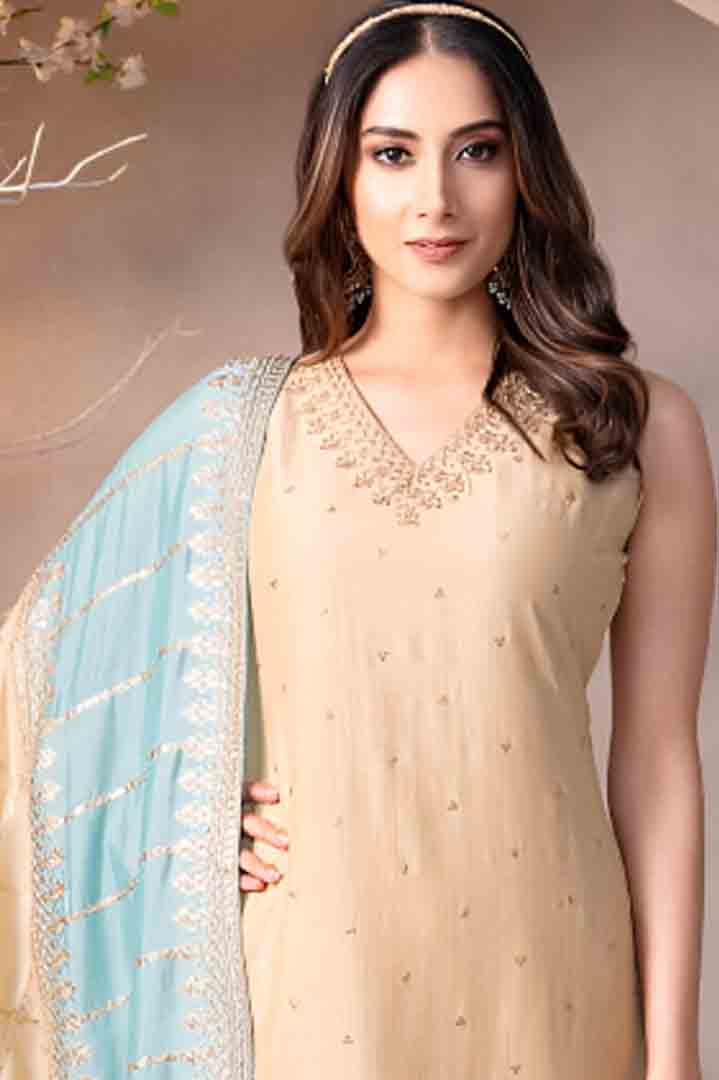 Beige Straight Suit with Sky Blue Embroidered Dupatta