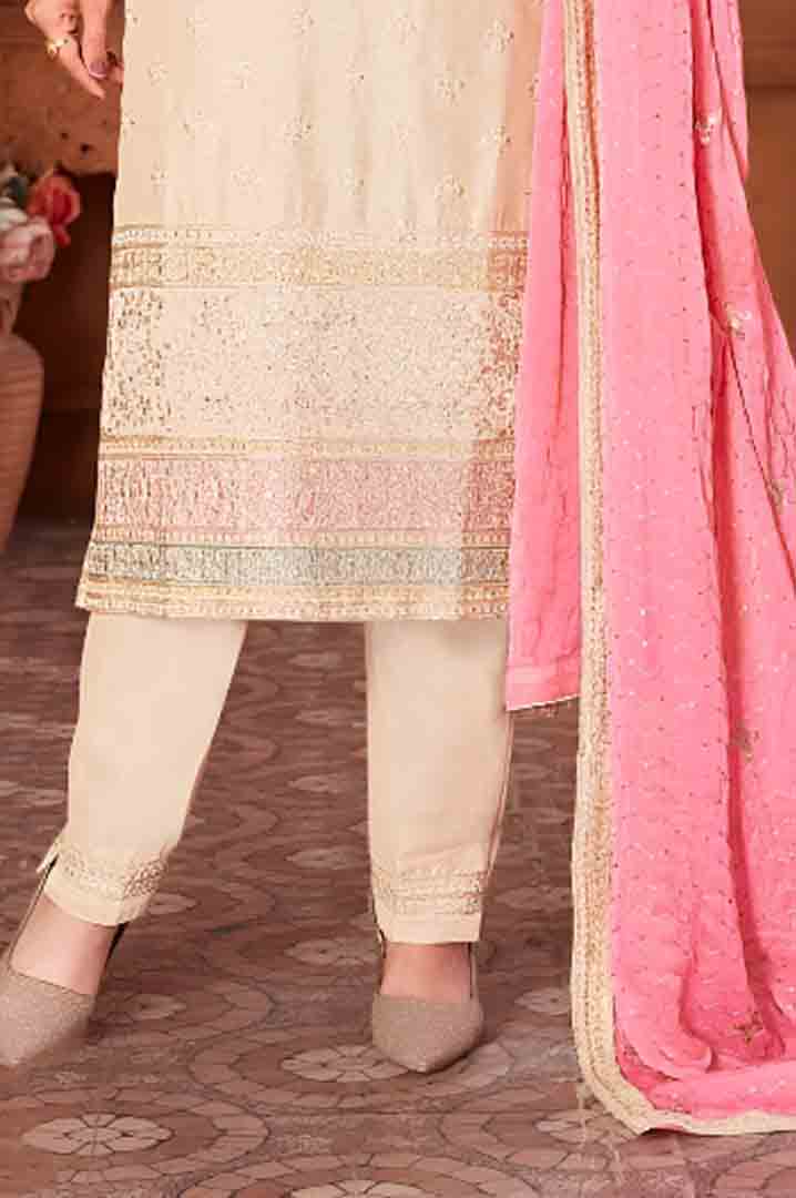 Beige Embroidered Sleeveless Suit Set with Pink Dupatta