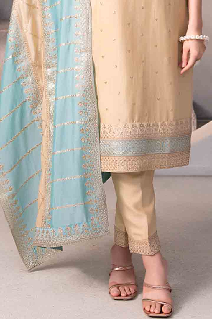 Beige Straight Suit with Sky Blue Embroidered Dupatta