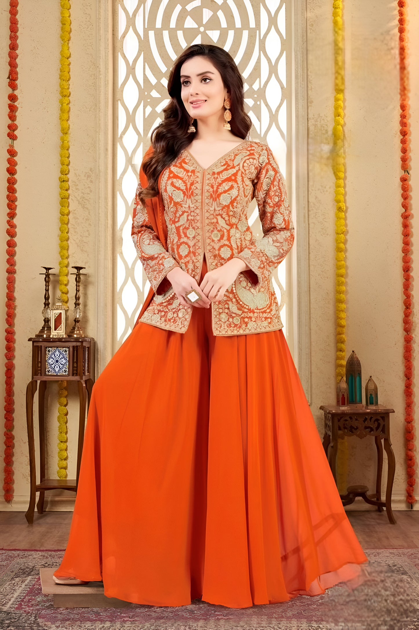 Orange Embroidered Jacket with Palazzo Suit.