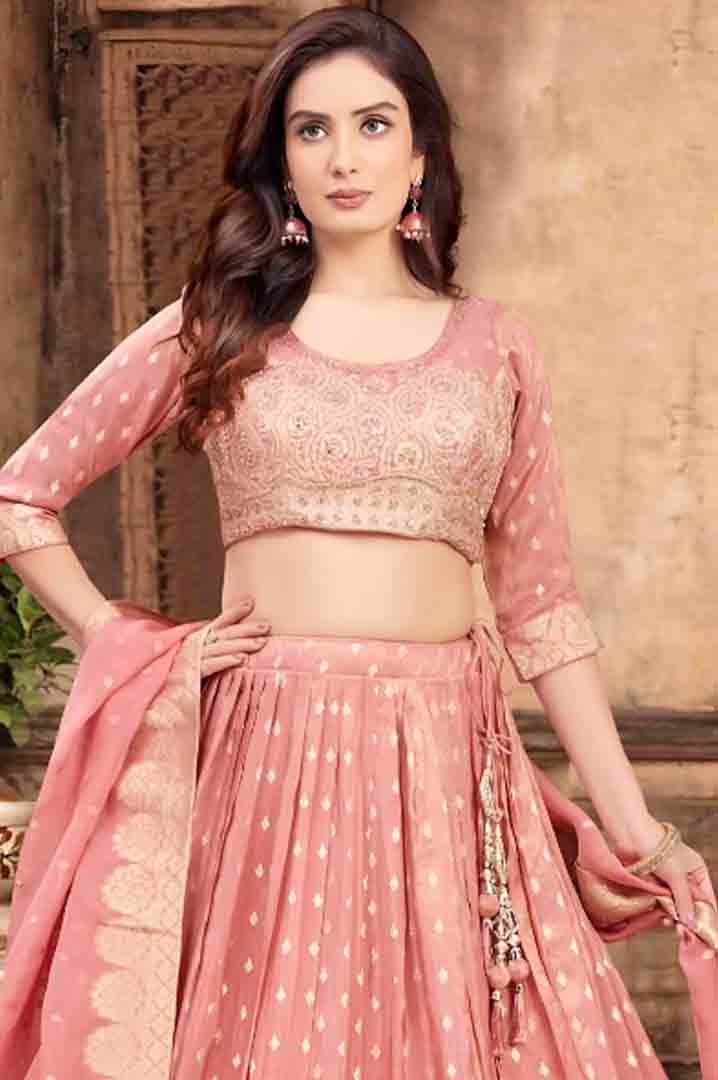 Dusty Pink Embroidered Silk Lehenga Choli with Zari Border Dupatta