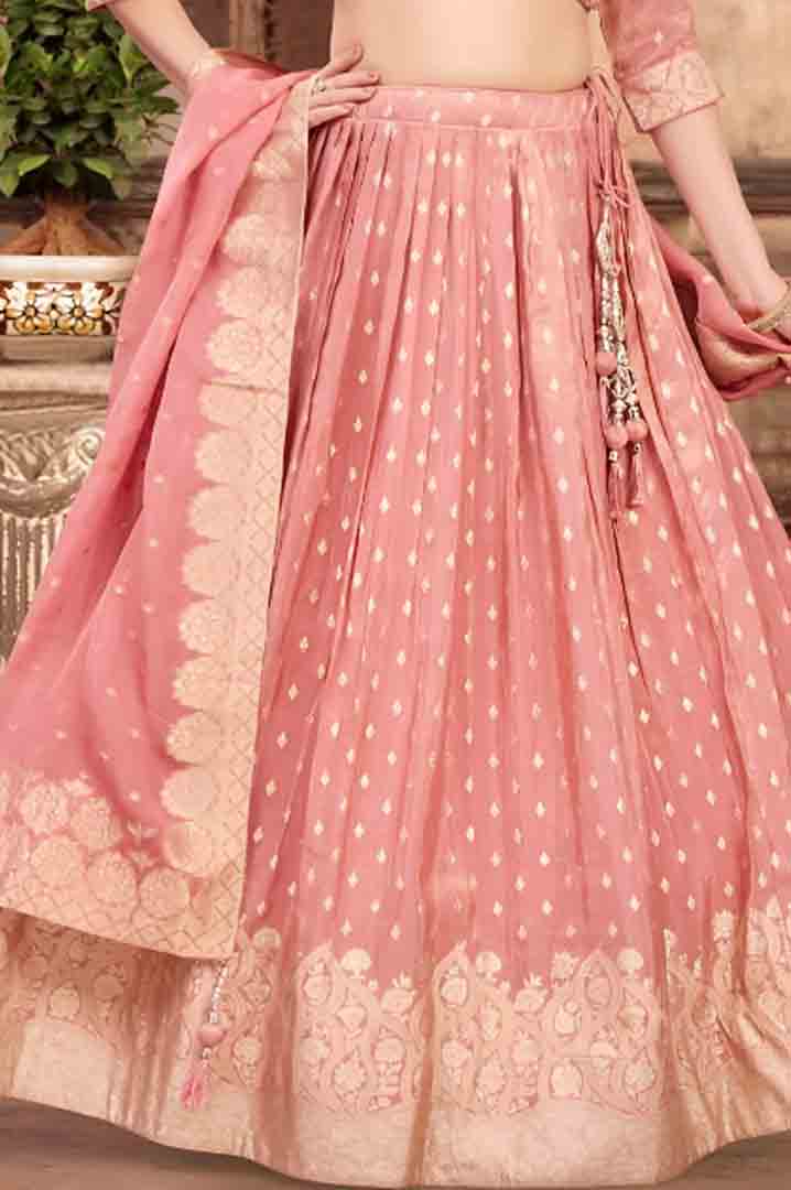 Dusty Pink Embroidered Silk Lehenga Choli with Zari Border Dupatta