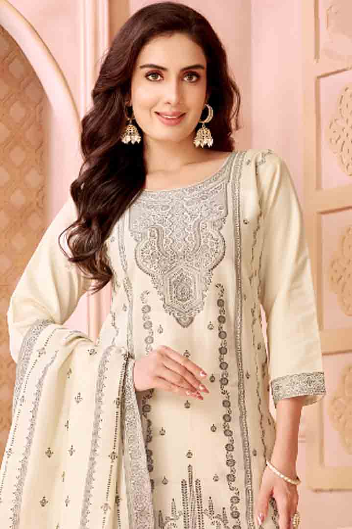 Ivory Embroidered Straight Suit with Grey Dupatta Detailing