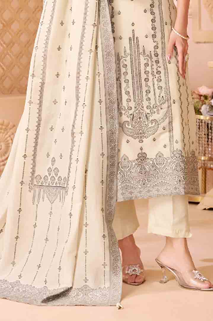 Ivory Embroidered Straight Suit with Grey Dupatta Detailing