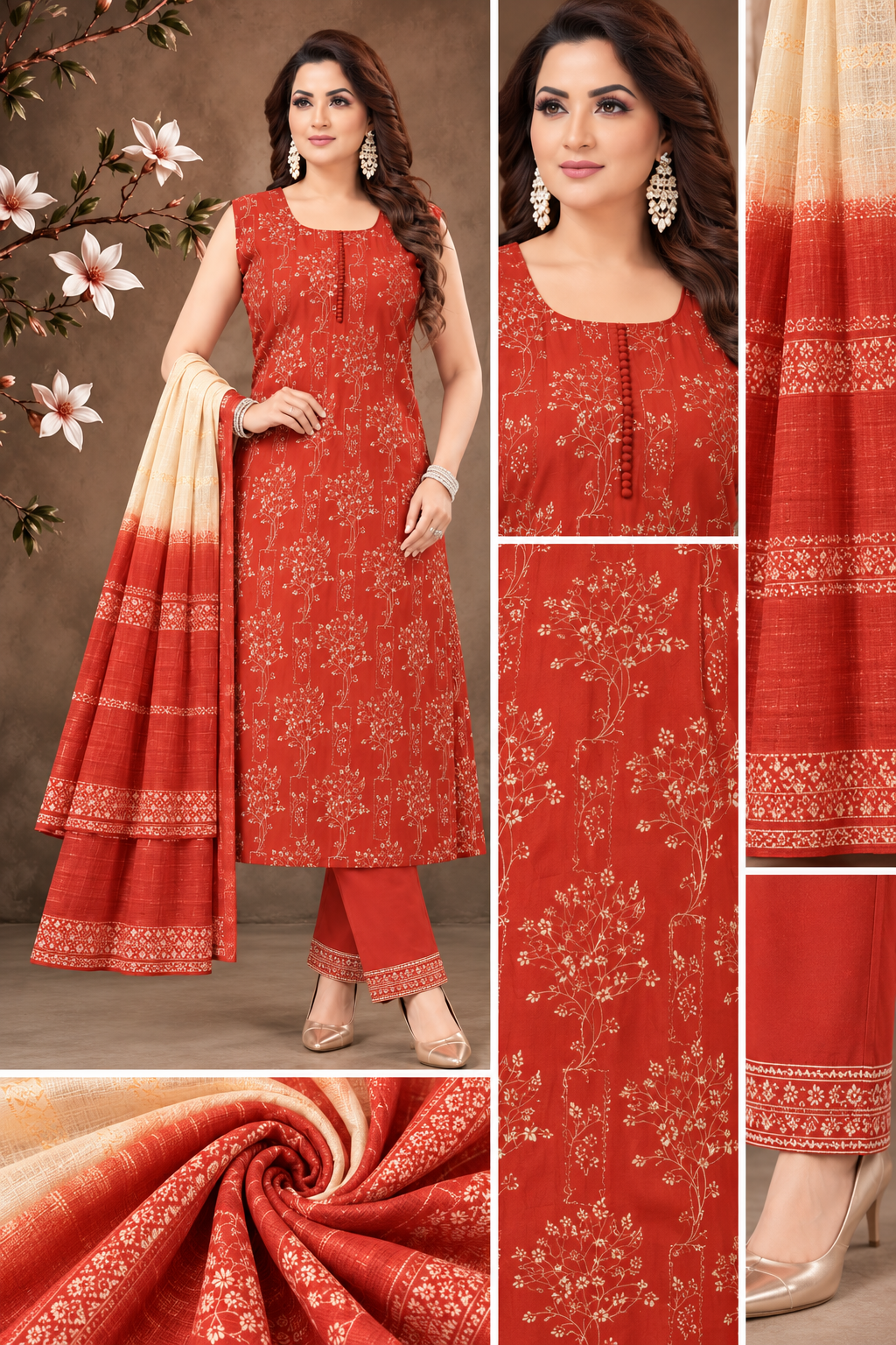 Festive Rust Orange Printed Suit Set