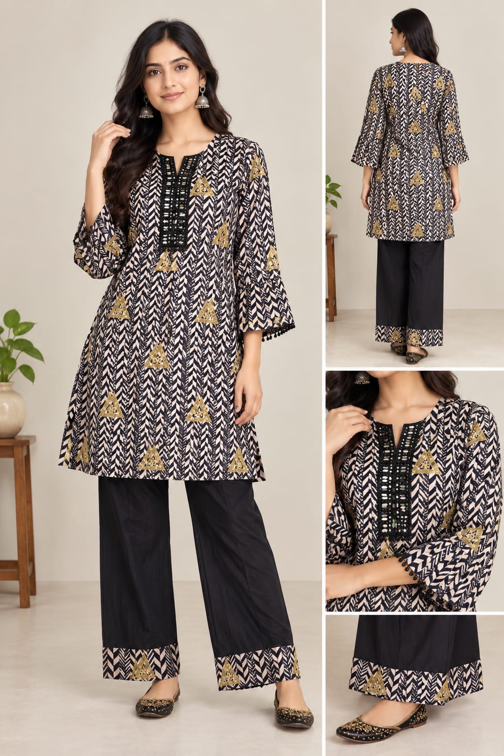 Printed Black & Gold Kurta Co-Ord Set.