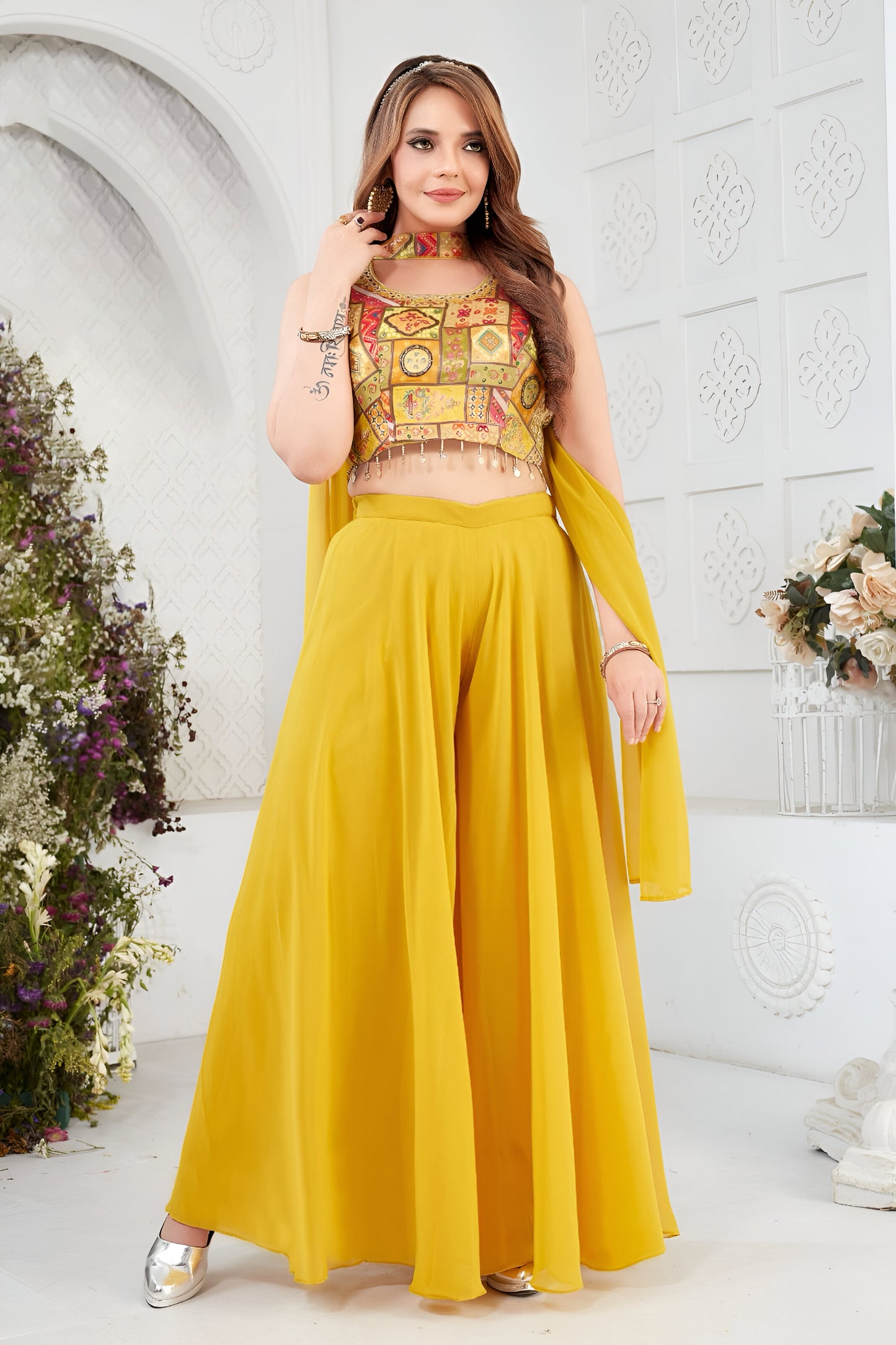 Yellow Color Top with Palazzo Pants and Dupatta.