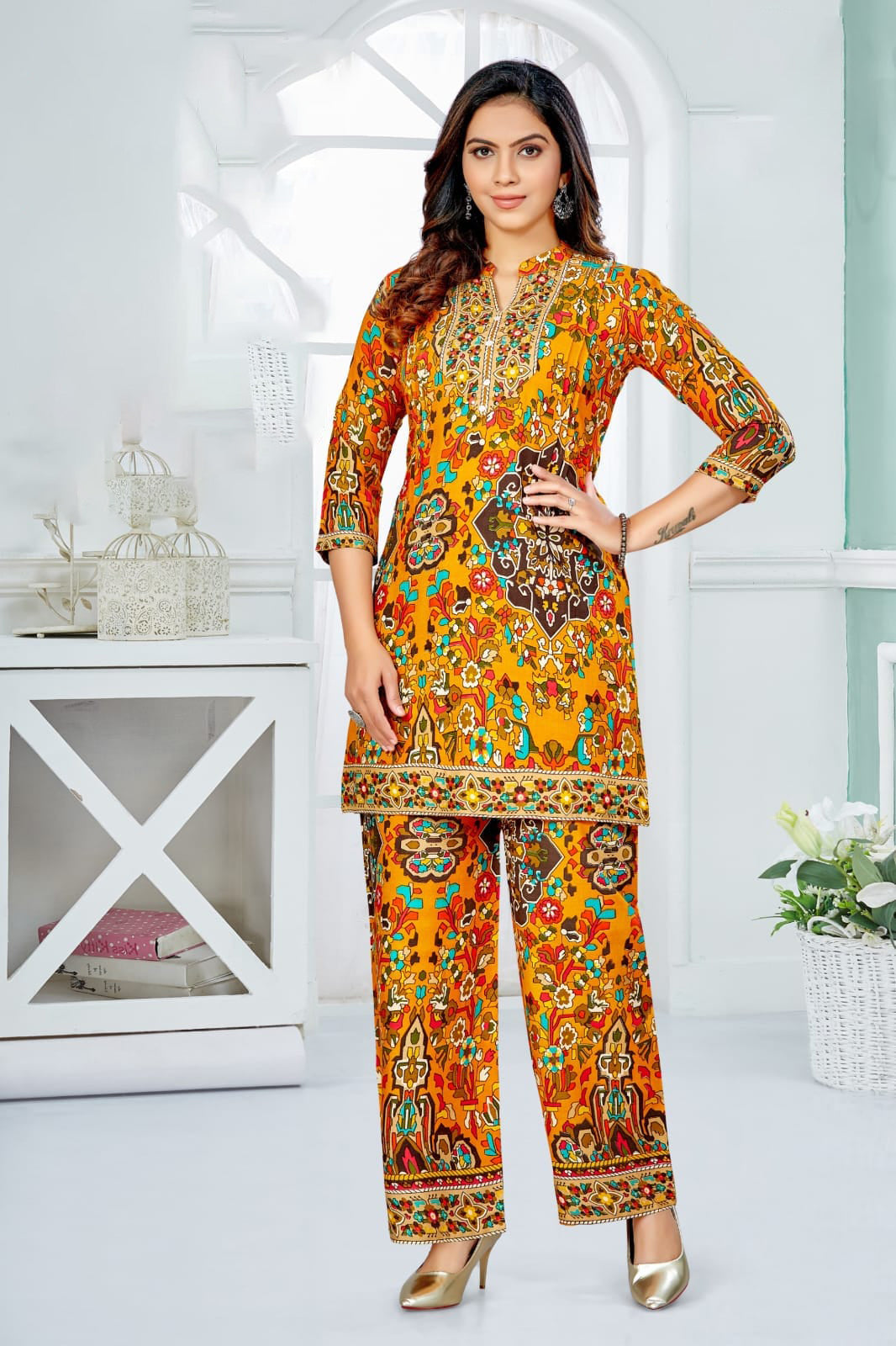 Orange Printed Rayon Co-ord Set