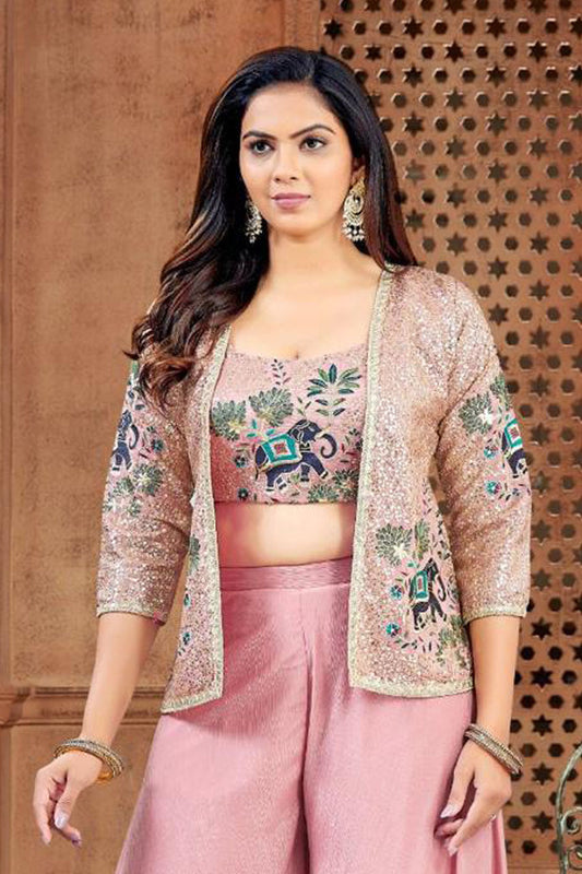 Pastel Pink Designer Crop Top, Jacket & Palazzo Suit