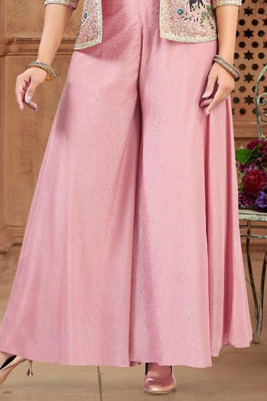 Pastel Pink Designer Crop Top, Jacket & Palazzo Suit