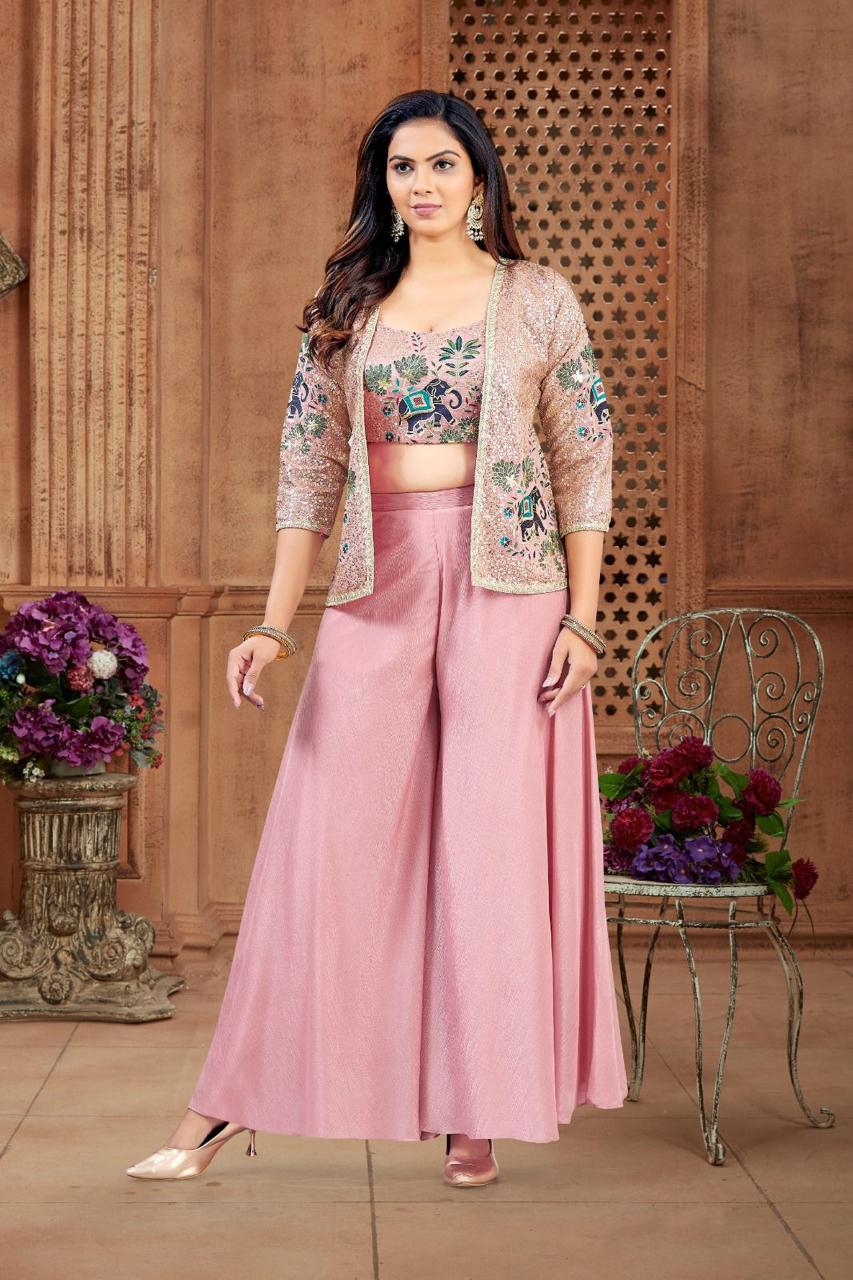 Pastel Pink Designer Crop Top, Jacket & Palazzo Suit