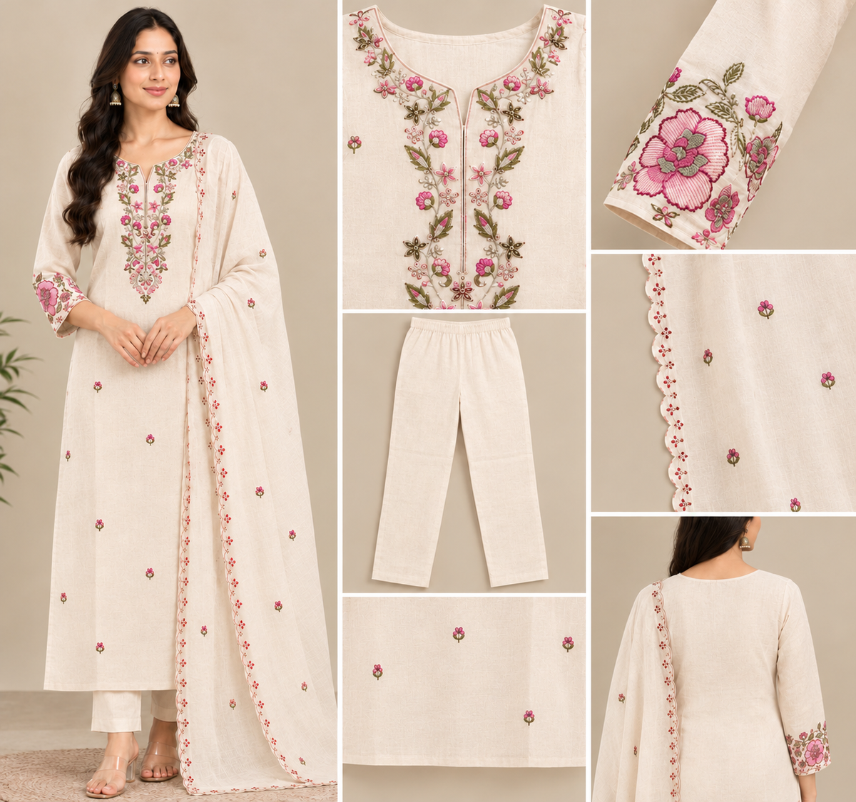Graceful Beige Floral Embroidered Suit Set