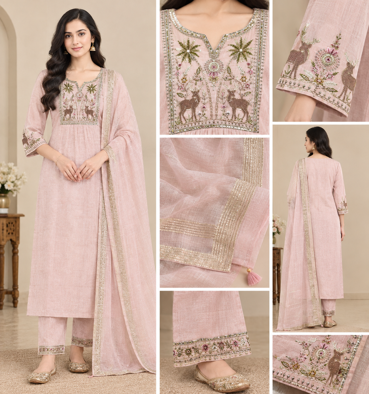 Elegant Peach pink embroidered Anarkali suit set