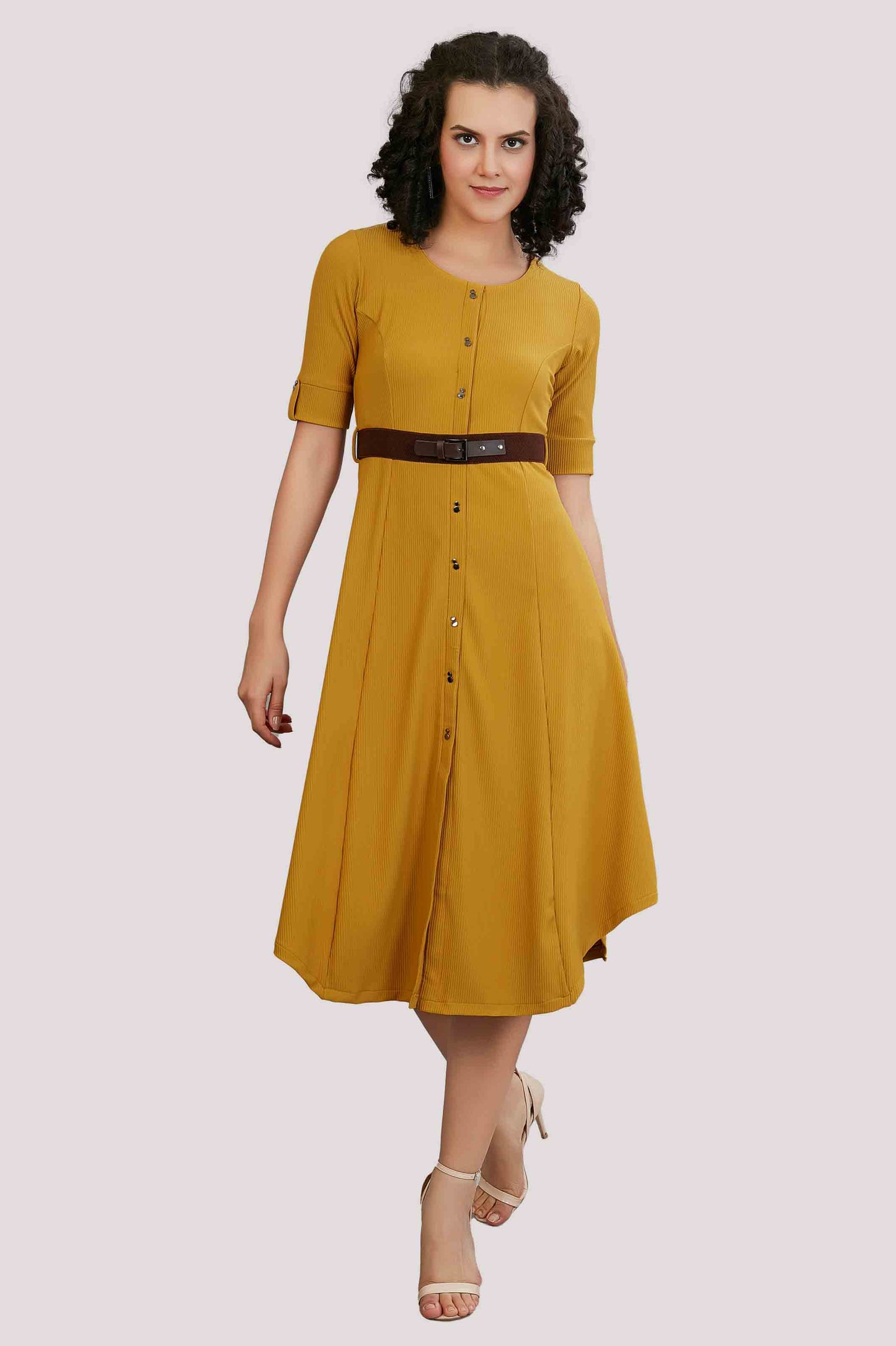 Mustard Yellow Solid Fit & Flare Midi Dress with Belt