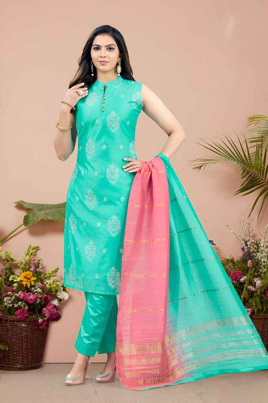 Turquoise  Suit Set with Dual-Tone Pink Dupatta