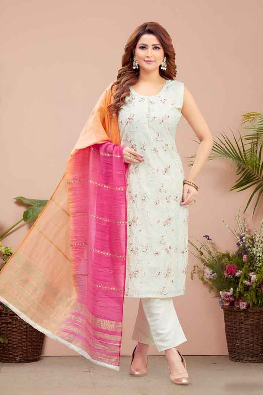 Off-White Floral Suit Set with Pink-Orange Ombre Dupatta