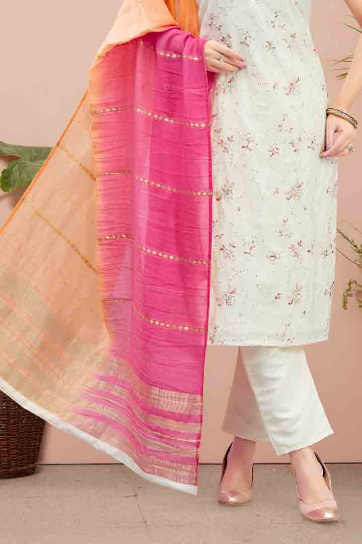 Off-White Floral Suit Set with Pink-Orange Ombre Dupatta