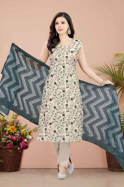 Beige & Black Floral Printed Suit Set with Chevron Dupatta